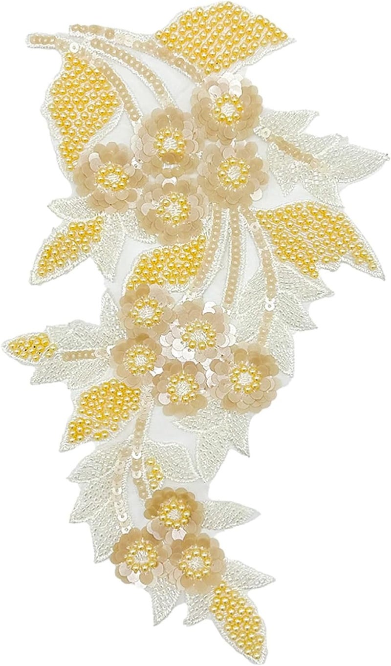 SAIXCCS 1pc Large Flower Rhinestone Applique Yellow, Embroidery Sequin Patches for Clothes,Beaded Lace Applique for Wedding Bridal Dress Bodice Hat Sewing Craft for Girl Embellishment(Yellow) - Image 1